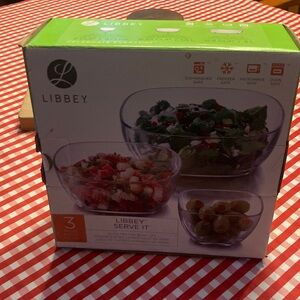 Libbey Clear Glass Nesting Bowls with Green and Orange Packaging Accents